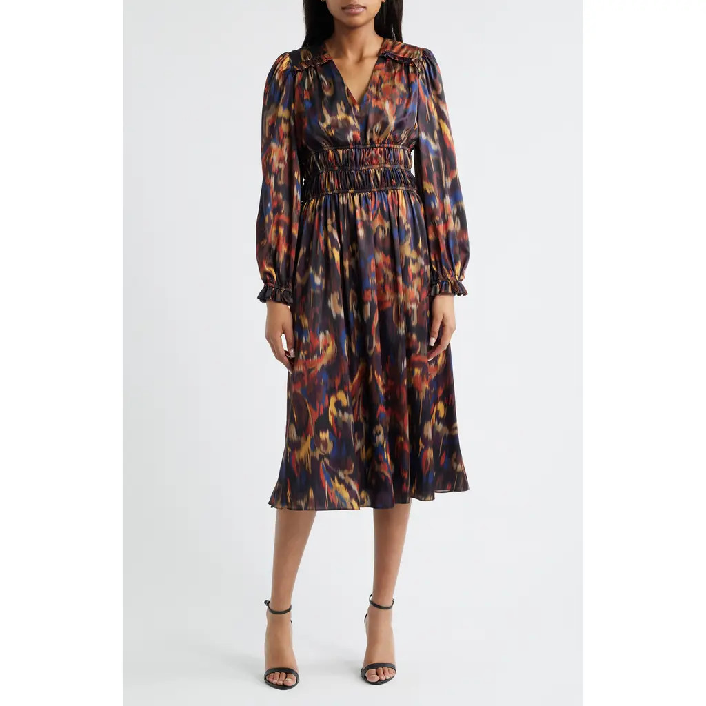 Julia Jordan Ikat Long Sleeve Stretch Satin Midi Dress in Orange Multi at Nordstrom Rack, Size 14 | Nordstrom Rack