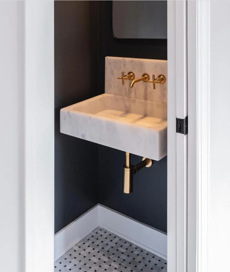 Light Veined White Marble Sink with Backsplash Marble Bathroom Sink Wall Mounted Marble Sink Marb... | Etsy (US)