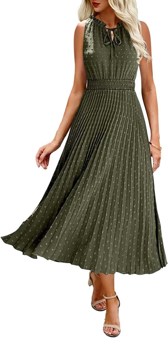 KIRUNDO Women 2024 Boho Summer Midi Dress Sleeveless V Neck Swiss Dot Pleated A Line Flowy Weddin... | Amazon (US)