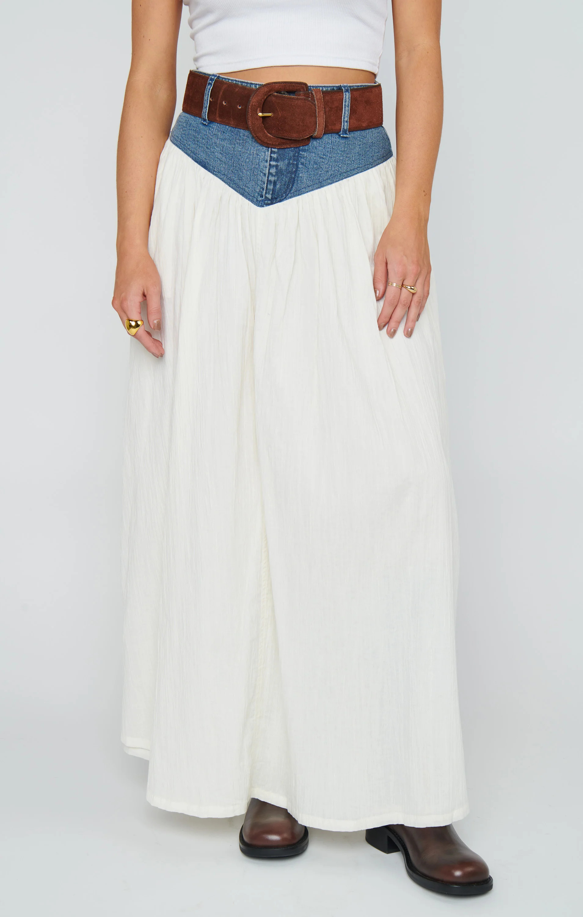 Joni Maxi Skirt, in Denim with Cream Voile, Size: XS | Show Me Your Mumu | Show Me Your Mumu