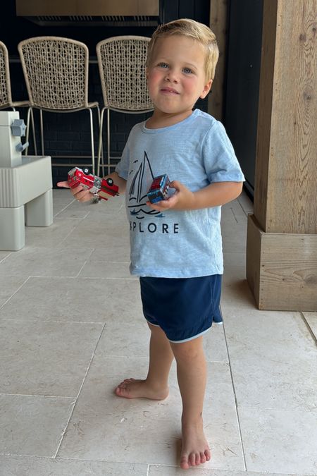 Cutest little summer outfit for boys! Oliver is wearing the swim shorts, but they also work for everyday (feature a super soft liner inside!). He’s in size 3/4, but normally wears size 2/3. He is almost three years old- apoarentjy he is wearing big brother’s shorts haha! He is wearing size 2/3 in graphic tee! 

#LTKbaby #LTKfindsunder50 #LTKkids