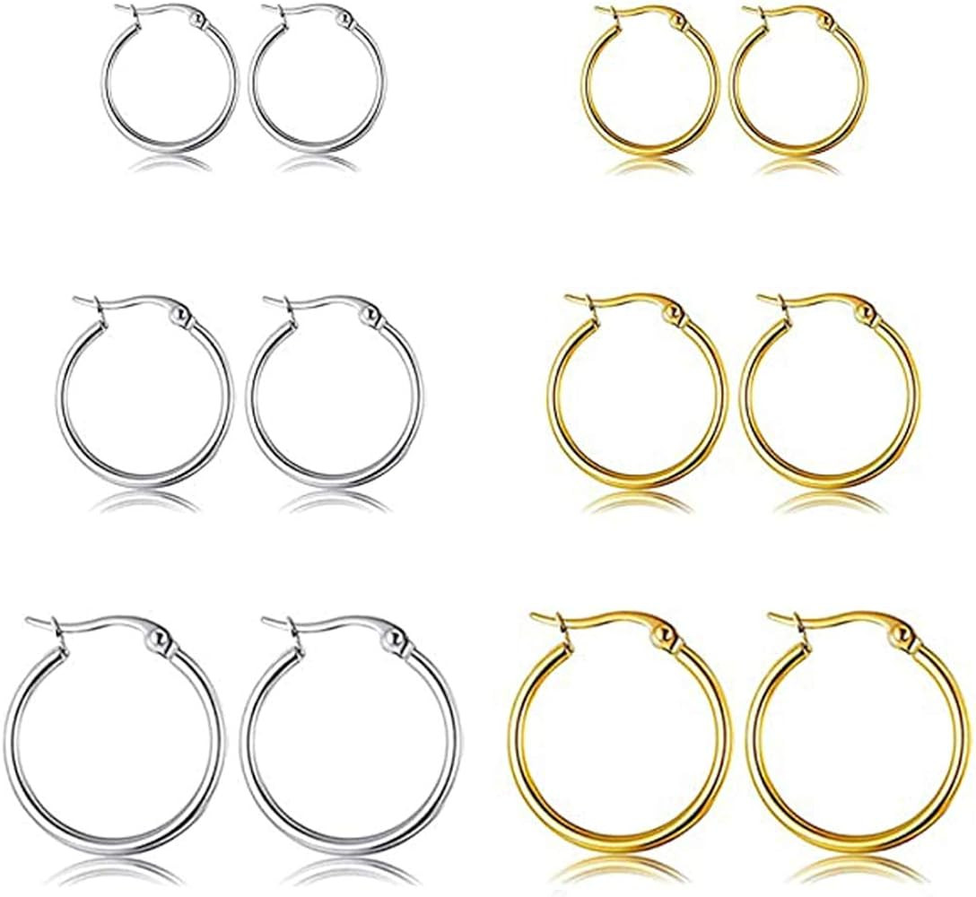 5-10 Pairs Small Gold Silver Hoop Earrings for Women, Stainless Steel Earrings Set Mens Lightweig... | Amazon (US)