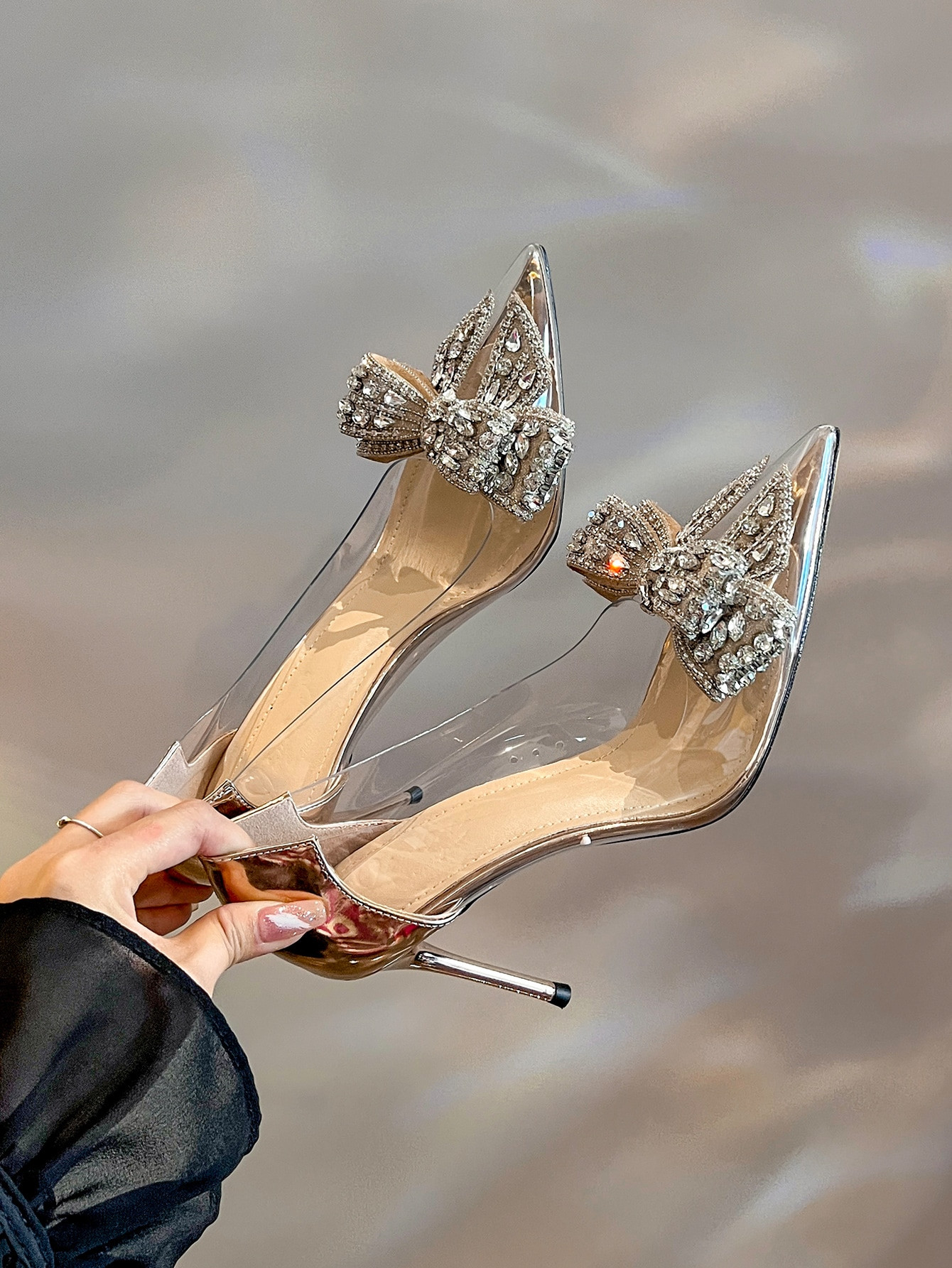 Women's High Heels Pointed Toe Stiletto Fashion Champagne Single Shoes With Butterfly & Rhineston... | SHEIN