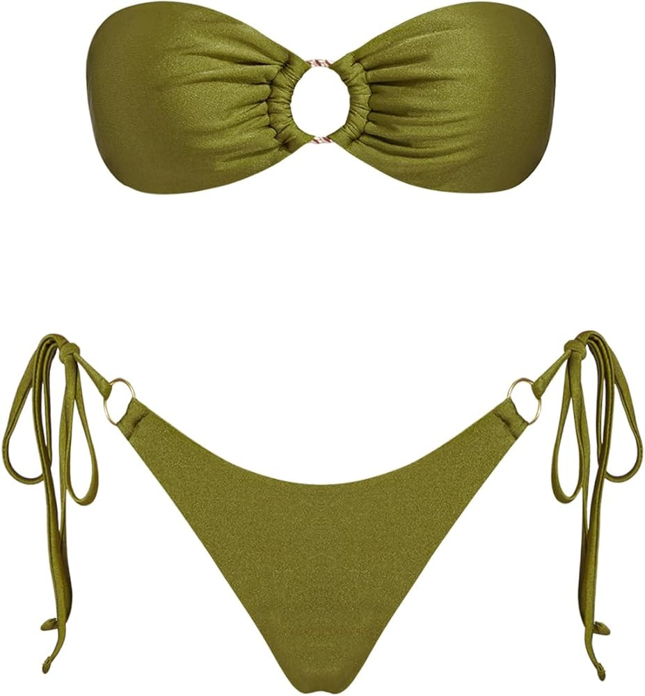 Women's Triangle Bikini Sets Bandeau O Ring Strapless Side Tie Thong Swimsuit Two Piece Bathing S... | Amazon (US)