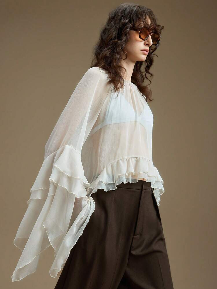 Ontre Women's White Chiffon Ruffle Hem Semi-Sheer Blouse, Suitable For Urban Commute And Business | SHEIN