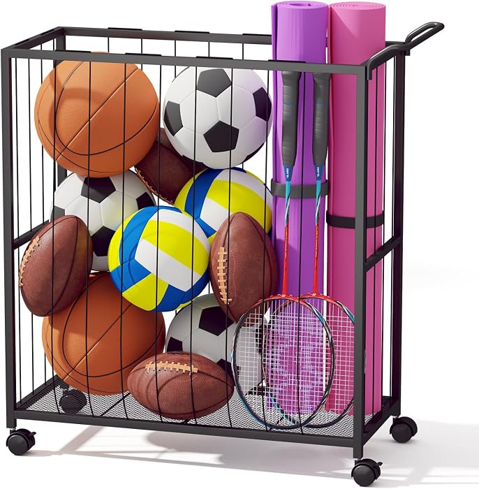 Ball Storage Bin Rolling Sports Ball Cart, Metal Garage Organizer Sport Rack, Ball Basket Storage... | Amazon (US)