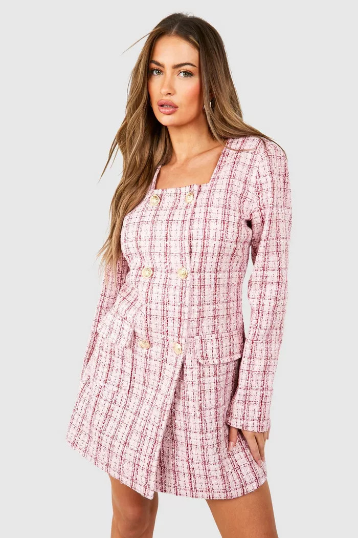 Boucle Button Detail Blazer Dress | boohoo (US & Canada)