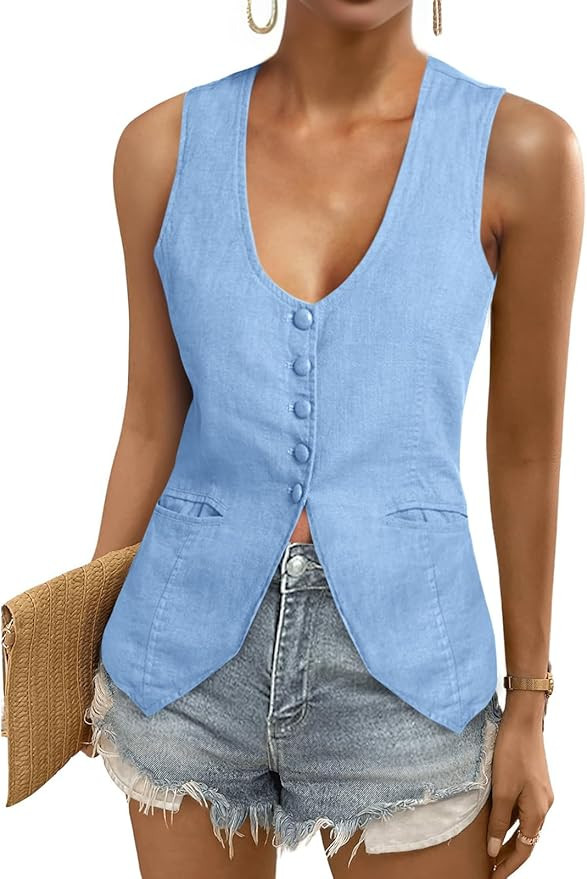 Tankaneo Womens Scoop Neck Blazer Vest Summer Linen Sleeveless Fitted Waistcoat Work Casual Cotto... | Amazon (US)