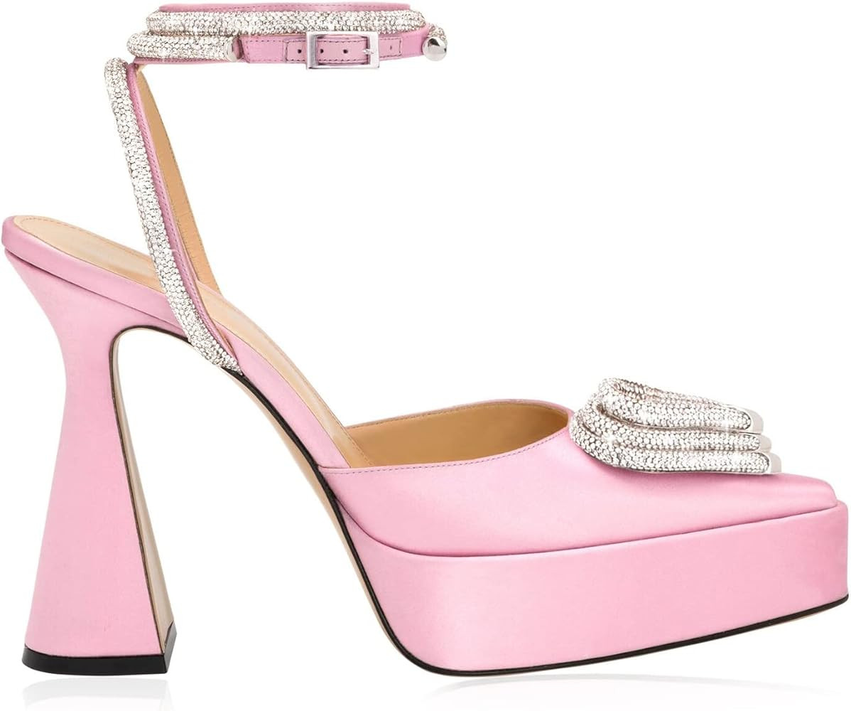 VivaLaver Women Platform Pumps Rhinestone Double Bow Chunky Heeled Sandals Crystal Embellished An... | Amazon (US)