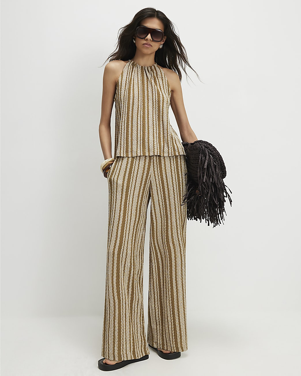 Green Striped Textured Wide Leg Trousers | River Island UK & IE