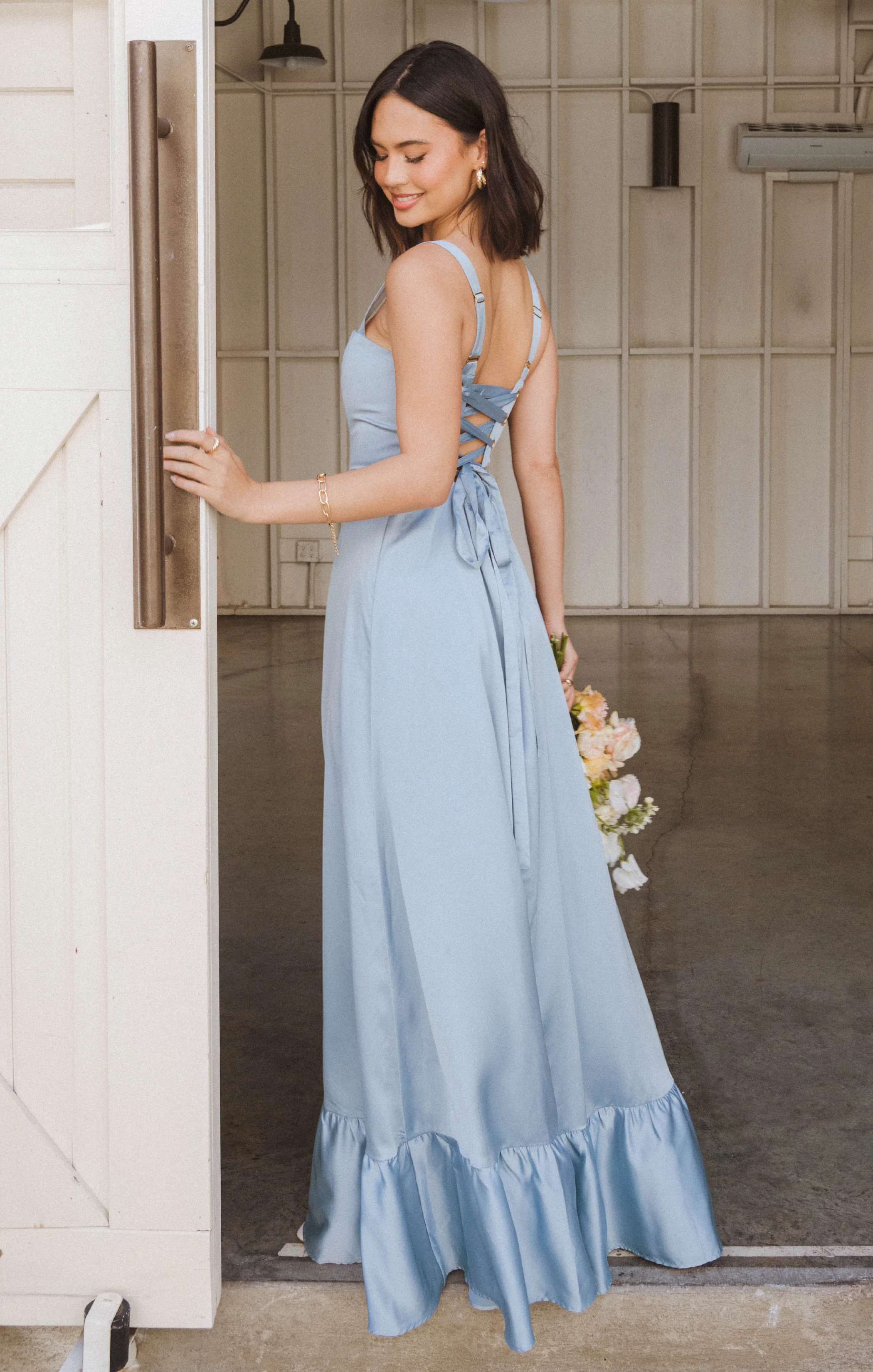 Clarissa Corset Dress, in Steel Blue Luxe Satin, Size: 2XL | Show Me Your Mumu | Show Me Your Mumu
