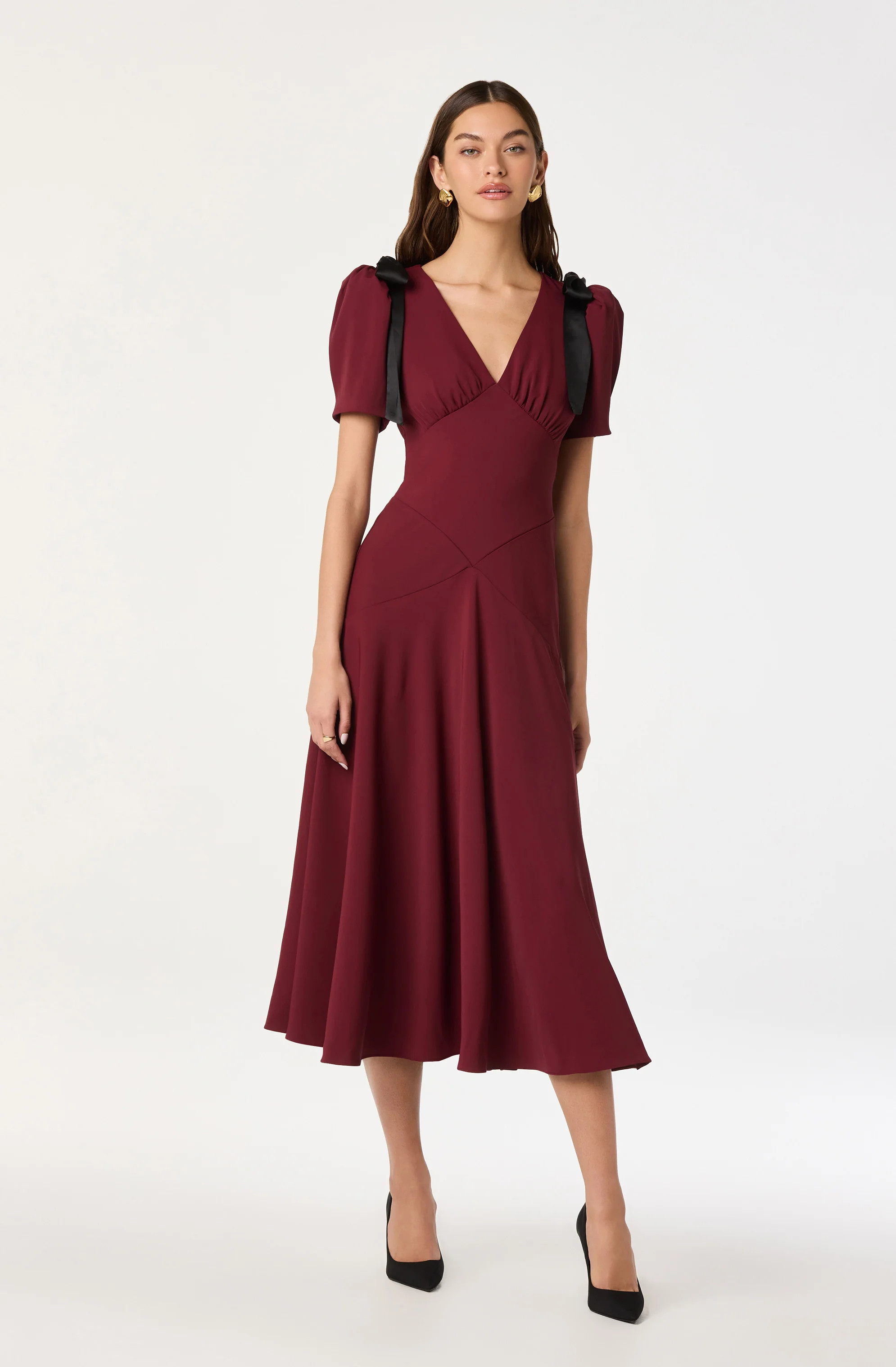 Ciela Bow Puff Sleeve Midi Dress - Burgundy / XS | ASTR The Label (US)