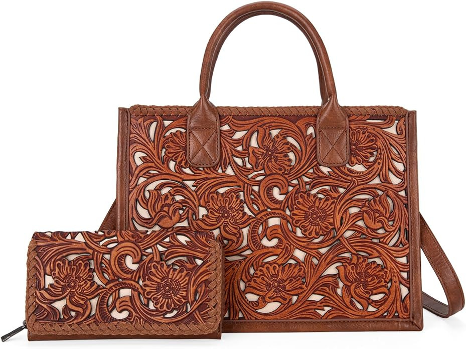 Trinity Ranch Tote Bags for Women Floral Tooled Fringe with Wallet Set | Amazon (US)