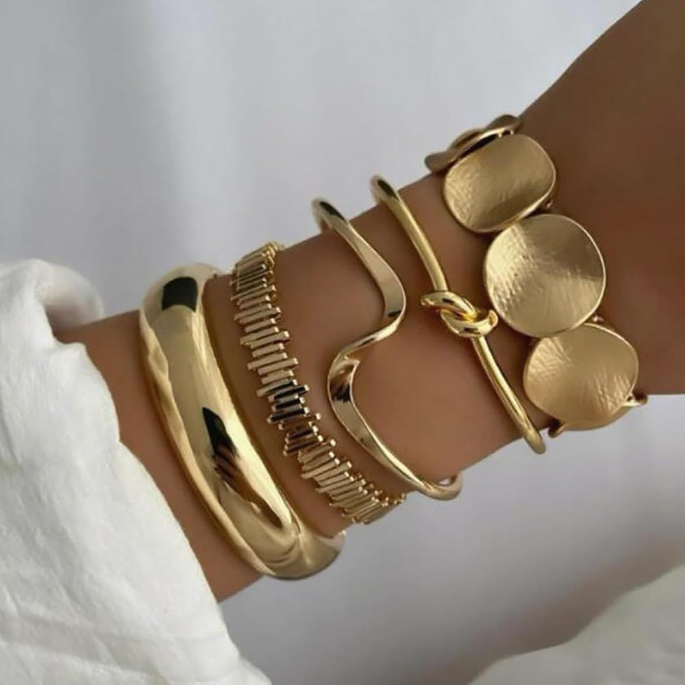 Amazon.com: 14K Gold Plated Multi Layer Bangle Cuffs - Dainty Knot Design | Boho Chunky Bracelets... | Amazon (US)