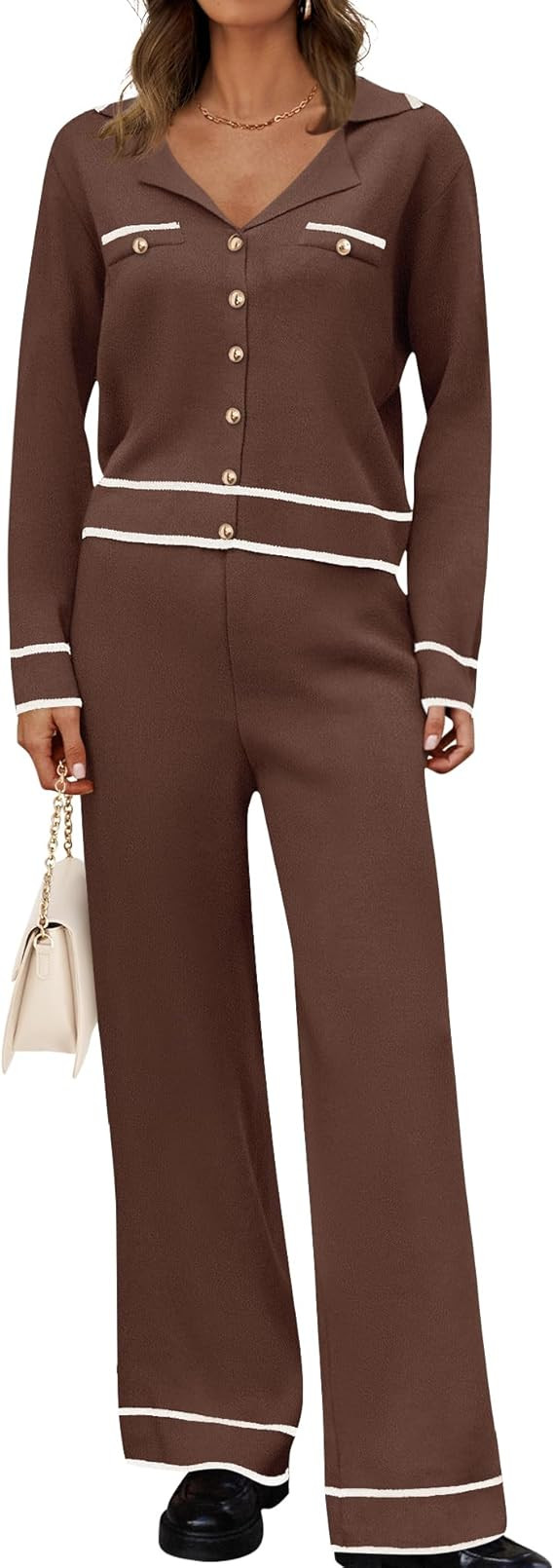 ZESICA Womens Fall Knit Two Piece Outfits Casual Long Sleeve V Neck Sweater Shirts and Wide Leg P... | Amazon (US)