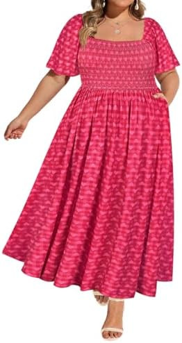 RITERA Plus Size Dresses for Curvy Women Square Neck Short Sleeve Summer Floral Smocked Maxi Dres... | Amazon (US)