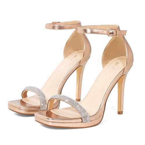 Elisabet Tang Women's 4.3 Inch High Heeled Sandals Strappy Stiletto Open Square Toe Heel with Ankle Strap at Wedding Party Prom Work Dating Rose Gold Rhinestone Size 7.5 Dressy | Amazon (US)