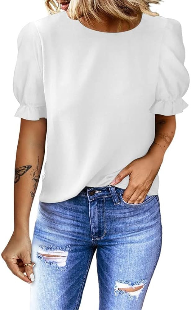 Dokotoo Womens 2024 Summer Short Sleeve Ruffle Puff Sleeve Casual Loose Shirts Tops and Blouses | Amazon (US)