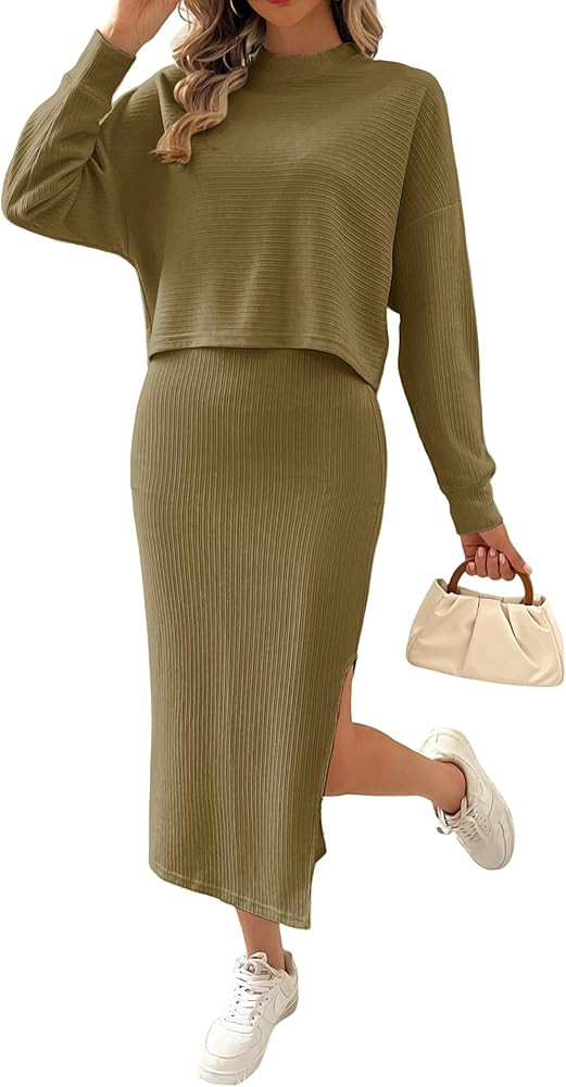 Kate Kasin Women 2 Piece Sweater Skirt Set Long Sleeve Ribbed Knit Top and Bodycon Midi Skirt 202... | Amazon (US)