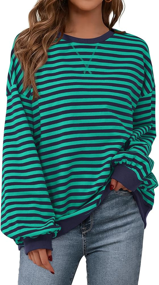 PRETTYGARDEN Womens Striped Oversized Sweatshirt Color Block Crew Neck Long Sleeve Casual Loose P... | Amazon (US)