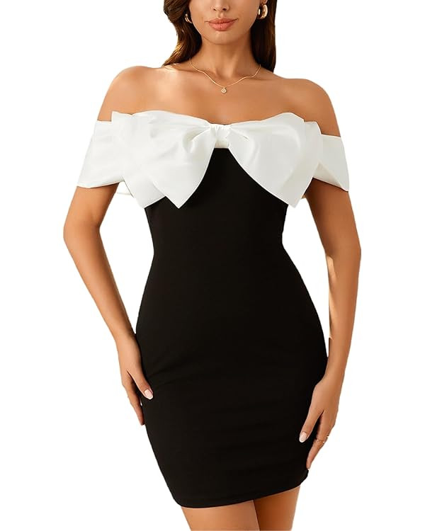 Floerns Women's Off Shoulder Short Sleeve Mini Dress Bow Front Bodycon Dresses | Amazon (US)