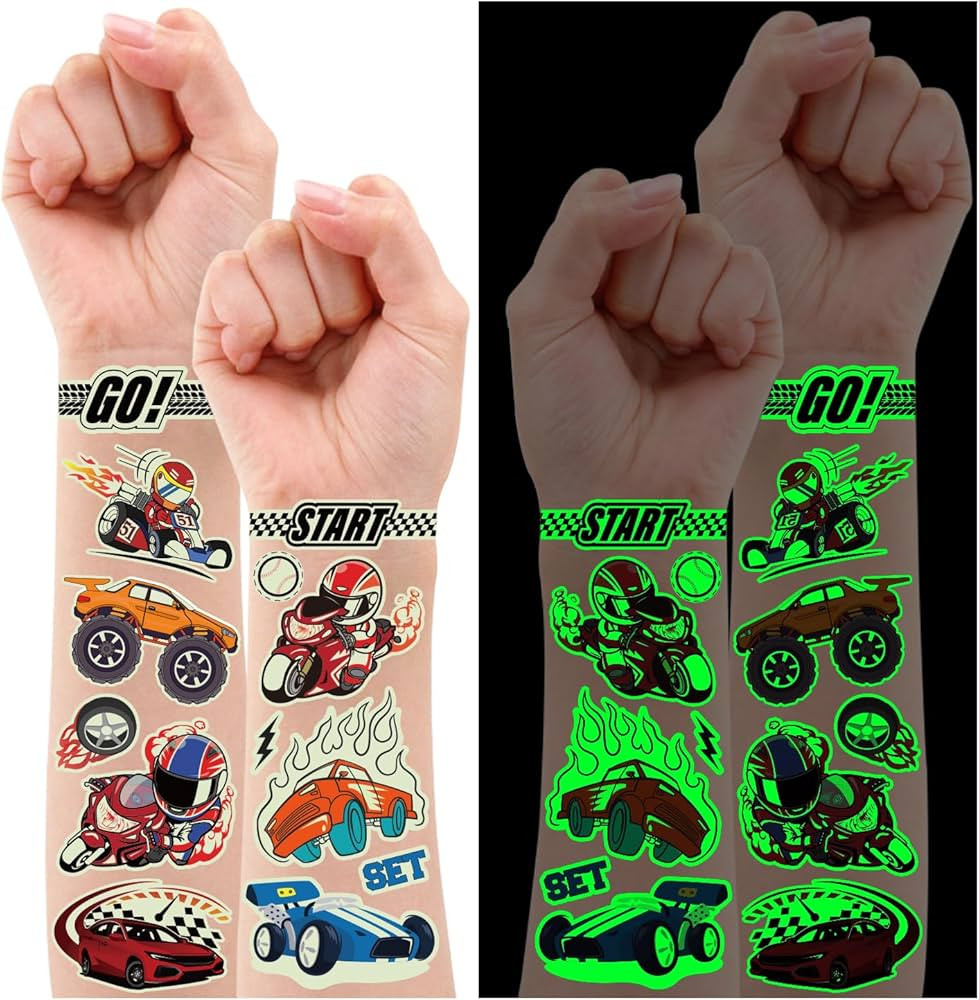 Partywind 265 Styles (30 Sheets) Glow Cars Kids Temporary Tattoos for Boys, Cars Birthday Decorat... | Amazon (US)