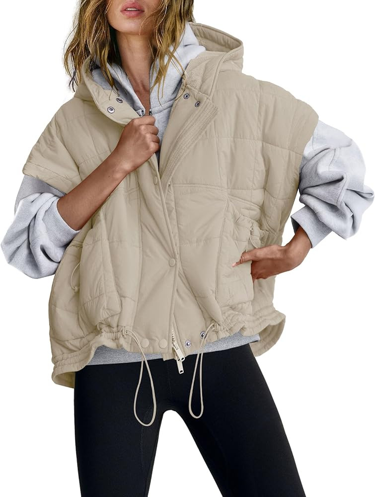 Yanekop Cropped Puffer Vest Women Lightweight Quilted Jacket Oversized Poncho Stand Collar Full Z... | Amazon (US)