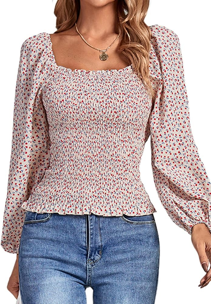 LYANER Women's Long Puff Sleeve Square Neck Shirred Boho Floral Print Blouse Crop Top | Amazon (US)