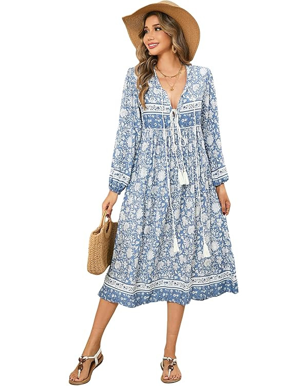 R.Vivimos Women's Long Sleeve Floral Print Retro V Neck Tassel Bohemian Midi Dresses | Amazon (US)