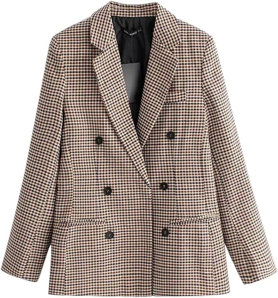 Fashion Women Plaid Blazer Coat Retro Stripe Print Button Shoulder Pads Suit Coats Sunmoot | Amazon (US)