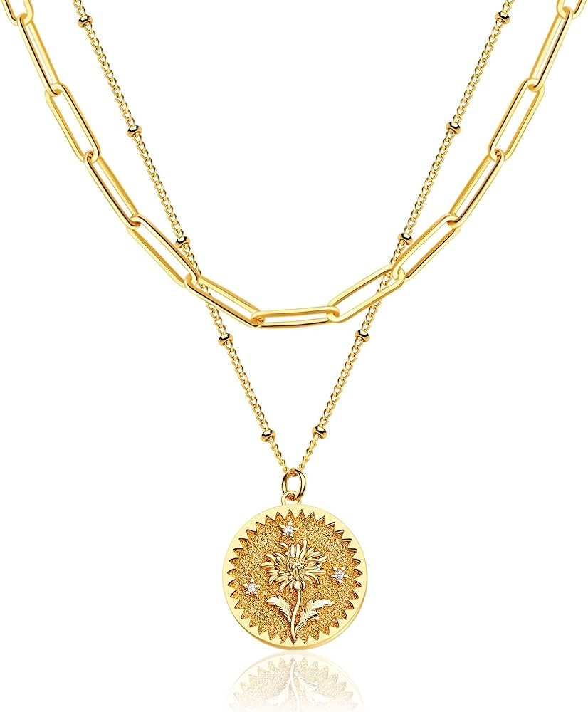 Layered Birth Flower Necklace for Women 18K Gold Plated Double Layered Engraved Custom Floral Pen... | Amazon (US)