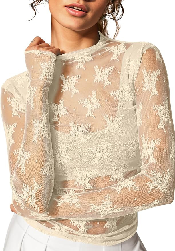 KTILG Womens Mesh Long Sleeve Top Sheer Blouse Sexy See Through Tee Shirt Lace Tops S-XXL | Amazon (US)