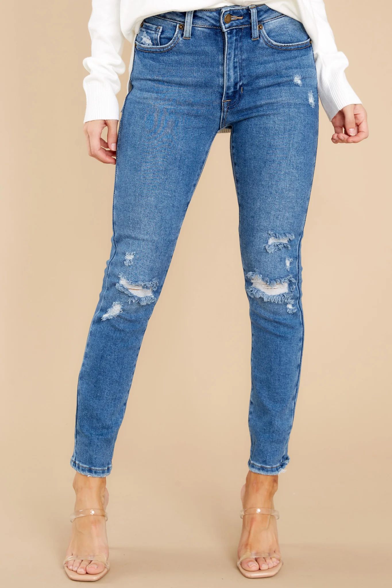 Own It Like Me Medium Wash Distressed Slim Jeans | Red Dress 