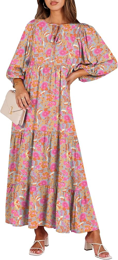 ANRABESS Womens Boho Maxi Dresses 2026 Summer V Neck Puff Sleeve Floral Flowy Swing Fall Casual L... | Amazon (US)