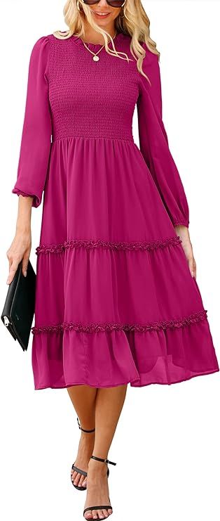 ANRABESS Women's Long Sleeve Crewneck Smocked Boho Dress A-Line Ruffle Frill Tiered Swing Midi Dr... | Amazon (US)