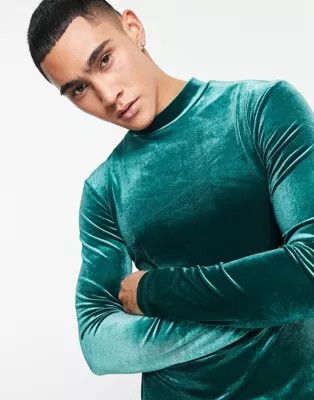 ASOS DESIGN muscle fit long sleeve T-shirt in dark green velour with turtle neck | ASOS (Global)