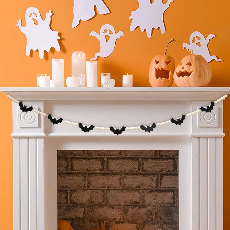 The Holiday Aisle® Halloween Decorations ,Wood Halloween Felt Bats Bead Garland Banner, Farmhous... | Wayfair North America