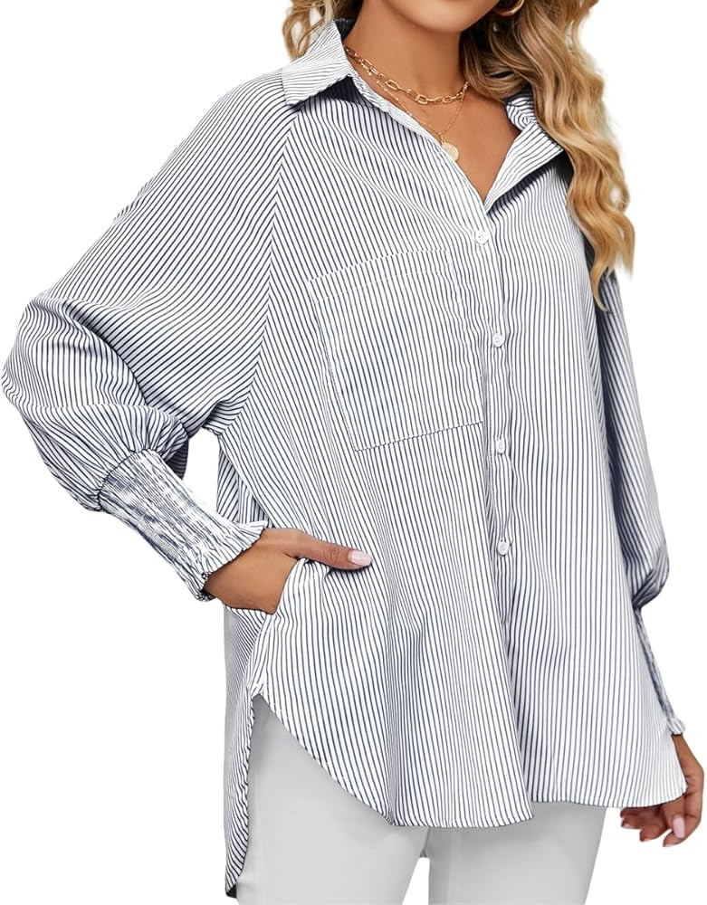 Ahtyeo Womens Smocked Cuffed Striped Boyfriend Button Down Shirts Casual Collar Long Sleeve Overs... | Amazon (US)