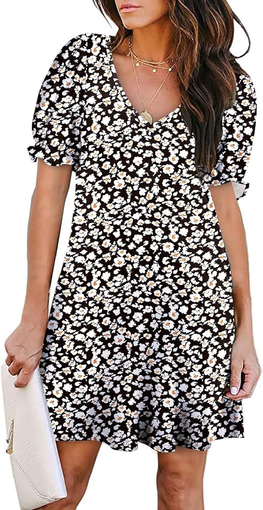 Aloodor Women's Casual Dresses Short Sleeve V-Neck Dress with Pockets | Amazon (US)