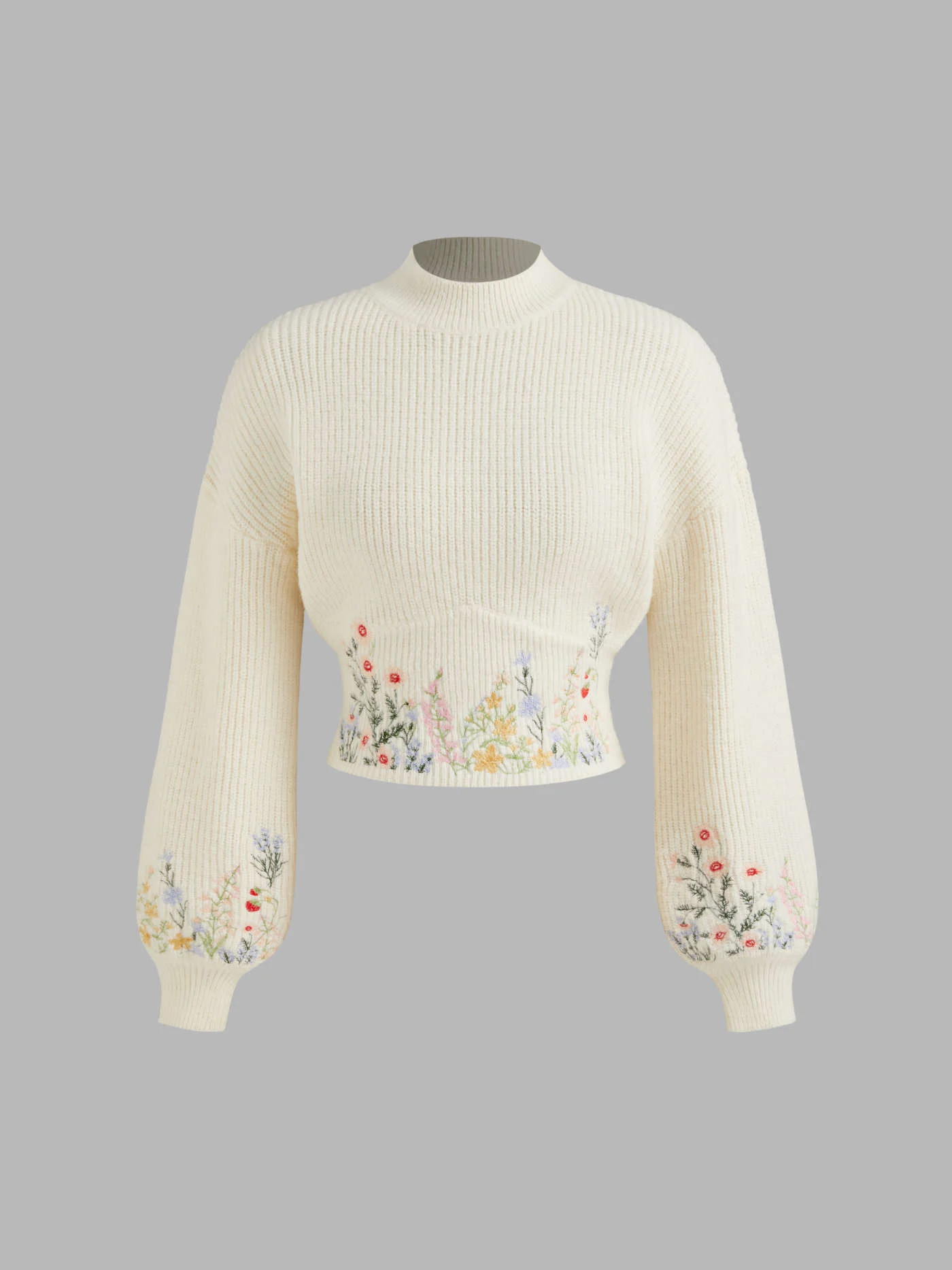 Knit High Neck Floral Embroidery Crop Top | Cider