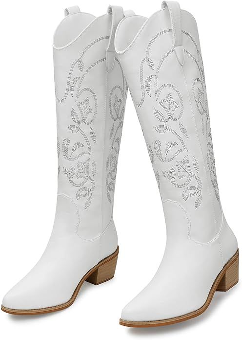 SHIBEVER Cowboy Cowgirl Boots for Women: Women's Knee-High Boots Wide Calf Tall Chunky Heel Embro... | Amazon (US)