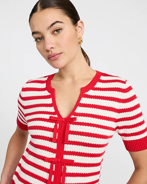 Cotton Striped Notch Neck Bow Front Short Sleeve Sweater | Express