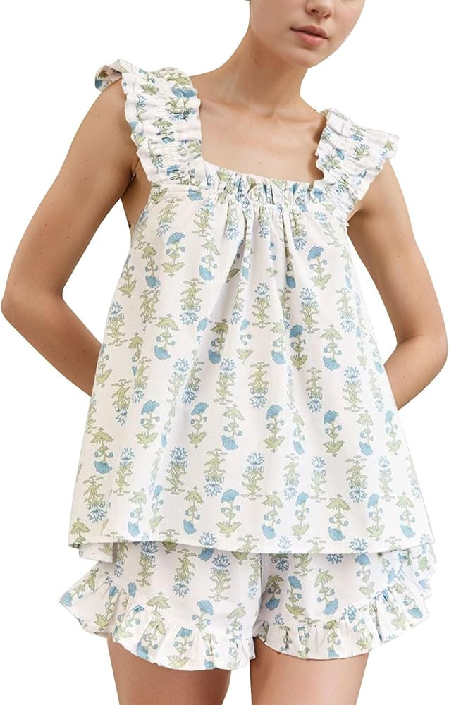 Flygo Floral Pajama Set for Women 2 Piece Lounge Set Ruffle Cami Top and Shorts Pj Set Sleepwear | Amazon (US)