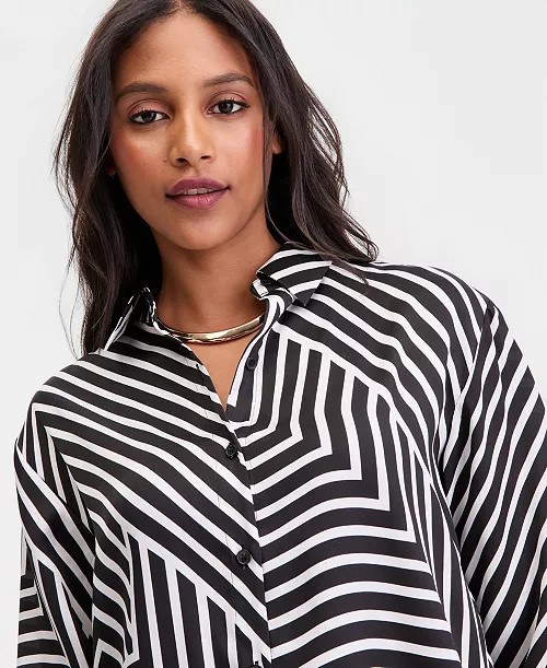 Women's Long-Sleeve Printed Button-Front Collared Shirt, Macy's Exclusive | Macy's