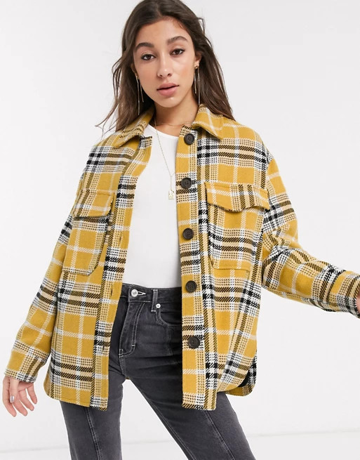 Bershka checked overshirt in mustard | ASOS US