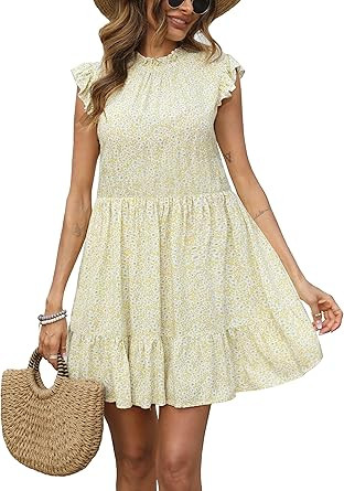 KIRUNDO Women’s Summer Sleeveless Ruffle Sleeve Crew Neck Floral Print Mini Dress Casual Loose ... | Amazon (US)