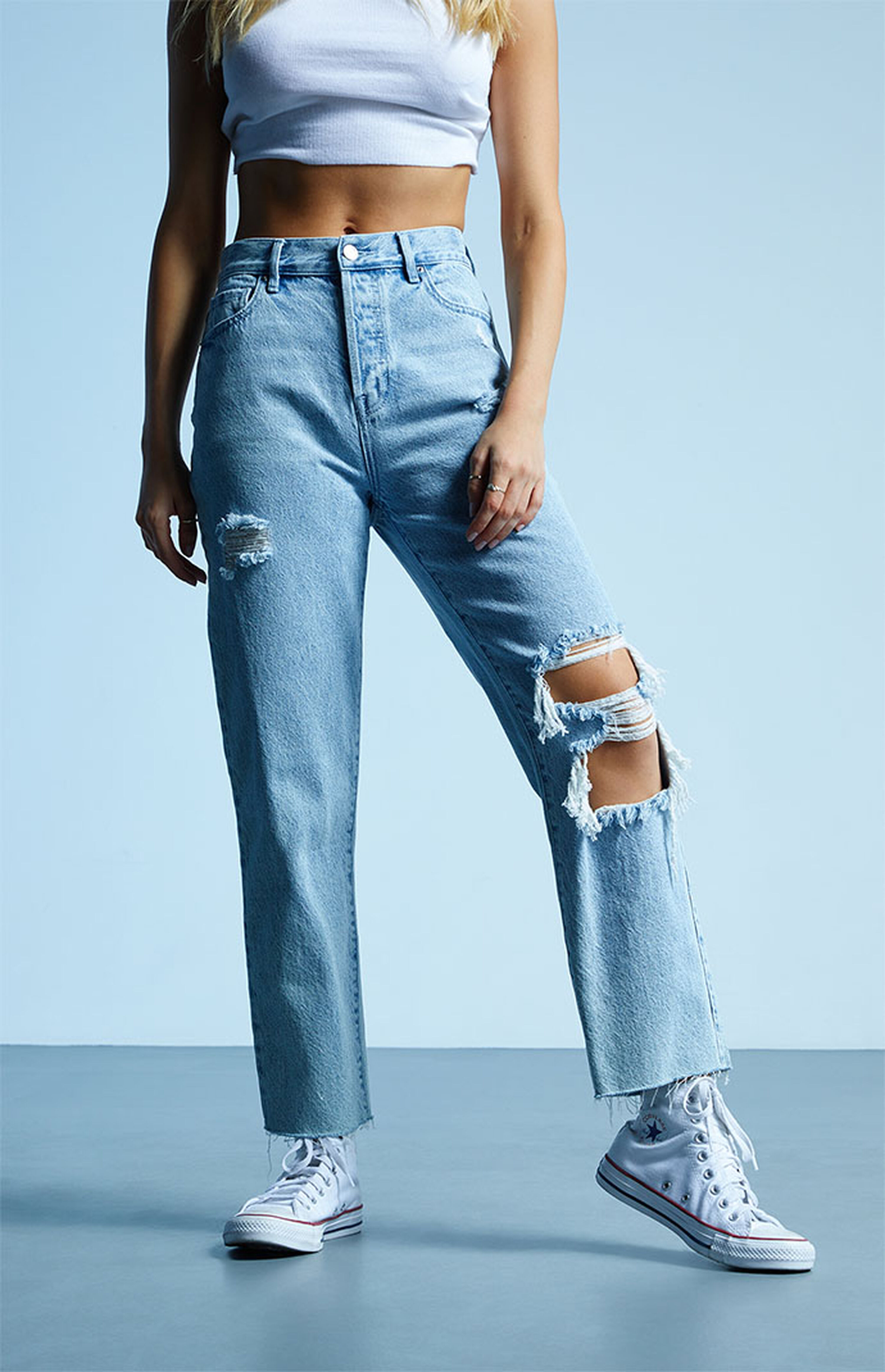 PacSun Eco Light Blue Ripped High Waisted Straight Leg Jeans | PacSun | PacSun