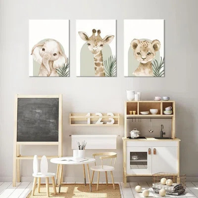Nursery Canvas Wall Art Set Of 3 Baby Kids Room Picture Wall Decor Jungle Safari Lion Elephant Giraffe Poster Painting Cute Animal Prints For Children | Wayfair North America