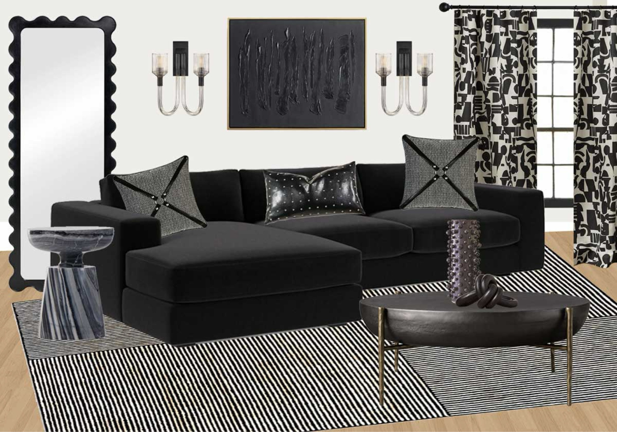 Black living room home decor ideas // modern home, black sofa, black artwork, black accent table, black and white rug, black coffee table, black and white curtains, black floor mirror, black sconce

#LTKhome #LTKstyletip #LTKover40