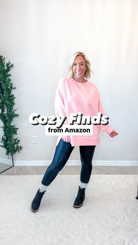 Amazon cozy finds (all come in other colors!):

1. Pink sweatshirt - size medium, could have sized down. Use code 20F4I4XE for 20% off + 10% coupon. This pink is perfect for Valentine’s Day and I love this tunic length for leggings!
2. Navy 2-piece sweat suit - size medium, could have sized down. Use code 20ERP73S for 20% off + 10% coupon.
3. Quarter zip pullover - size medium. Use code 50YM5PBY for 50% off.
• faux leather leggings - size medium petite (use code LESLIEXSPANX).
• sneakers - tts. 
• boots - linens similar as mine are sold out.
• also linking my sweater set from the beginning (I sized up to a large).


#LTKSeasonal #LTKVideo #LTKsalealert
